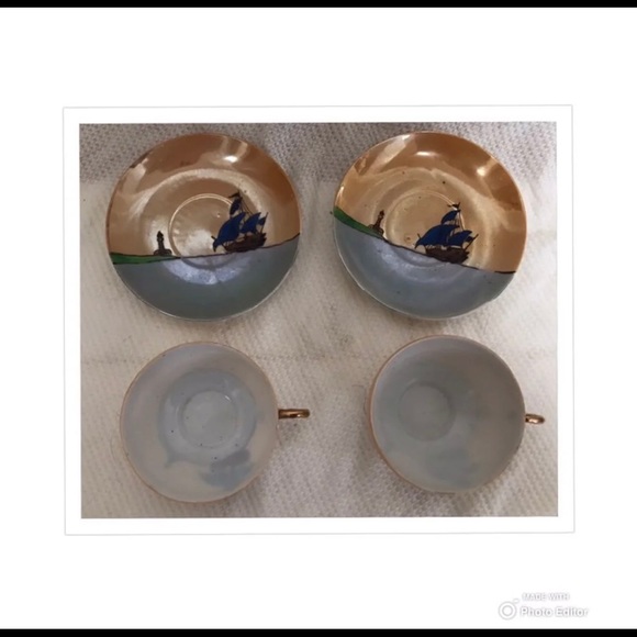 JAPAN TEACUP TEA CUP SAUCER PORCELAIN SET BOATS MOTHER OF PEARL PAINTED VINTAGE - Picture 3 of 10